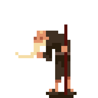 Das Bild zeigt einen alten Mann im Pixel-Stil, mit langem weißen Bart und in brauner Kleidung, der wild gestikuliert.
