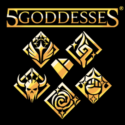 Rückseite der Karten des Sammelkartenspiels 5GODDESSES, welches die fünf Symbole der namensgebenden Göttinnen zeigt.