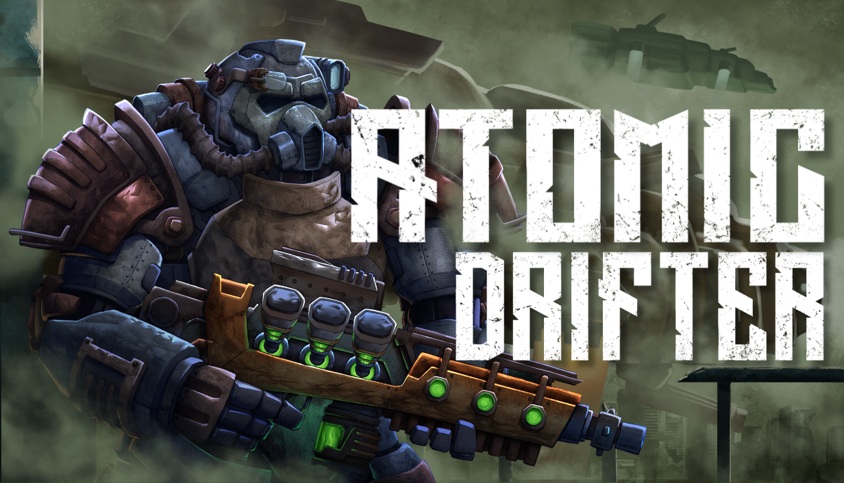 Titelbild von Atomic Drifter mit einer schwer gepanzerten Figur, die ein futuristisches Gewehr hält.