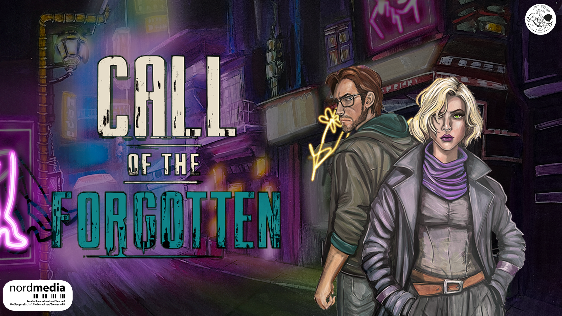 Titelbild von Call of the Forgotten mit zwei handgezeichneten Charakteren (Mann und Frau) vor kosmischen Horror-Elementen. Der Titel zeigt 'CALL OF THE FORGOTTEN' mit cyan-grüner Färbung der Worte 'THE FORGOTTEN'. Purpurrote mystische Energielinien durchziehen die düstere Szene.