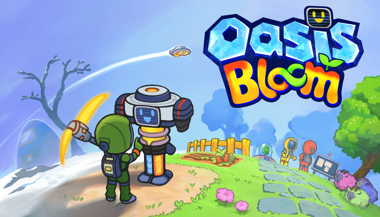 Titelbild von Oasis Bloom mit einer grünen Figur, einem freundlichen Roboter und einer außerirdischen Siedlung.