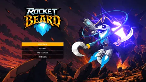 Das Bild zeigt das Hauptmenü des Videospiels Rocket Beard. Im linken, oberen Teil des Hauptmenüs befindet sich das Logo des Spiels. Es besteht aus den beiden Worten Rocket und Beard, die untereinander stehen. Das Wort Rocket ist in einem glänzenden, silbernen Farbton gehalten. Das Wort Beard ist in einem gläznenden, goldenem Farbton gehalten. Das A im Wort Beard weißt ein Schlüsselloch auf. Darüber hinaus tritt aus dem unteren Teil des A ein blauer Raketenstrahl aus. Unter dem Logo befindet sich das eigentliche Menü, welches aus vier Menüpunkten besteht. Von oben nach unten sind hier die Punkte Start Game, Settings, Give Feedback und Quit Game aufgeführt. Neben dem Logo und dem Menü schwebt ein Robo-Chamäleon. Das Chamäleon trägt einen Piratenhut mit goldener Verzierung auf dem Kopf, einen langen, brauen Mantel mit goldenen Knöpfen, einen Ledergürtel mit goldener Schnalle, sowie einem grauen  Wams. In der rechten Hand hällt das Chamäleon eine futuristische Pistole. In der linken Hand einen Säbel. Dem unteren Teil des Gesichts enstpringt ein blauer Antriebsstrahl, der die Form eines Bartes aufweist. Dem Mund des Chamäleons entspringt eine lange, blaue Zunge mit einem silbernen Haken am Ende. Anstelle von Beinen verfügt das Robo-Chamäleon über zwei kleine Triebwerke, mit denen es fliegen kann. Mit diesen Fliegt das Chamäleon über eine karge Landschaft mit schroffen Gesteinsformationen. Hinter dem Chamäleon ist eine Art bläuliches Portal zu sehen.