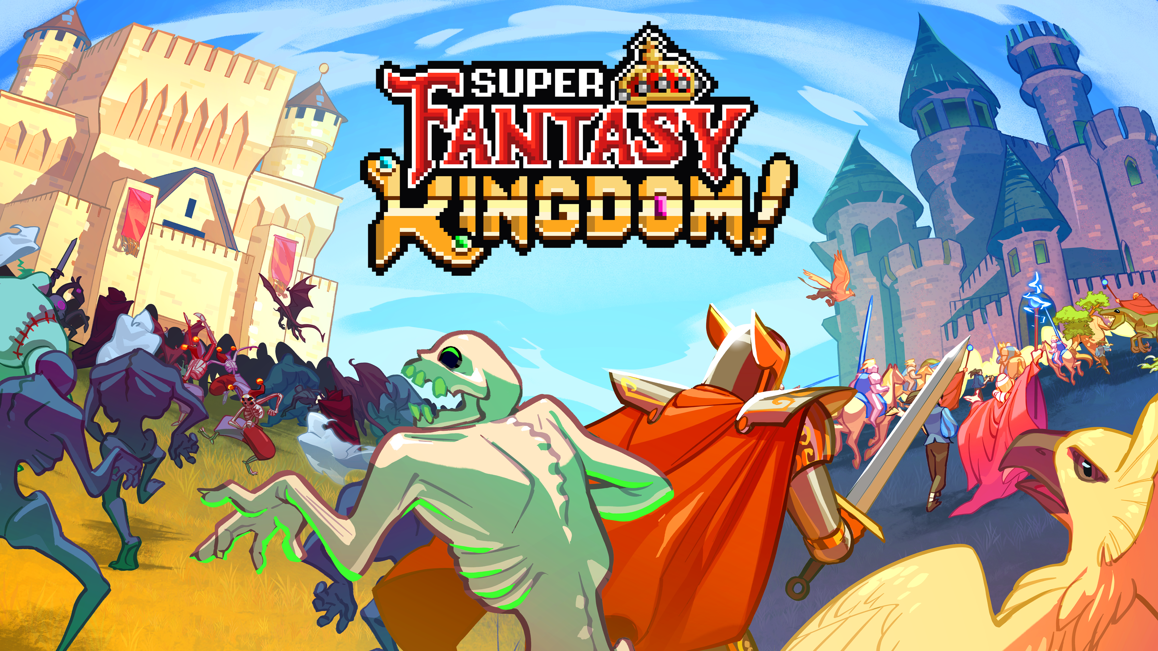 Titelbild von Super Fantasy Kingdom mit dem bunten Logo, mittelalterlichen Häusern, Charakteren in Rüstungen und einem Schloss im Hintergrund.