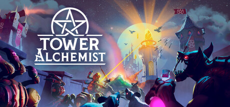 Titelbild von Tower Alchemist mit dem Logo und alchemistischen Runen, von magischen Effekten und leuchtenden Lichtbällen umgeben.